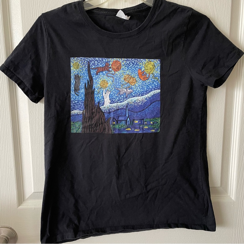 Women’s Black Van Gogh Starry Night With Cats Tee Shirt Top Size Small